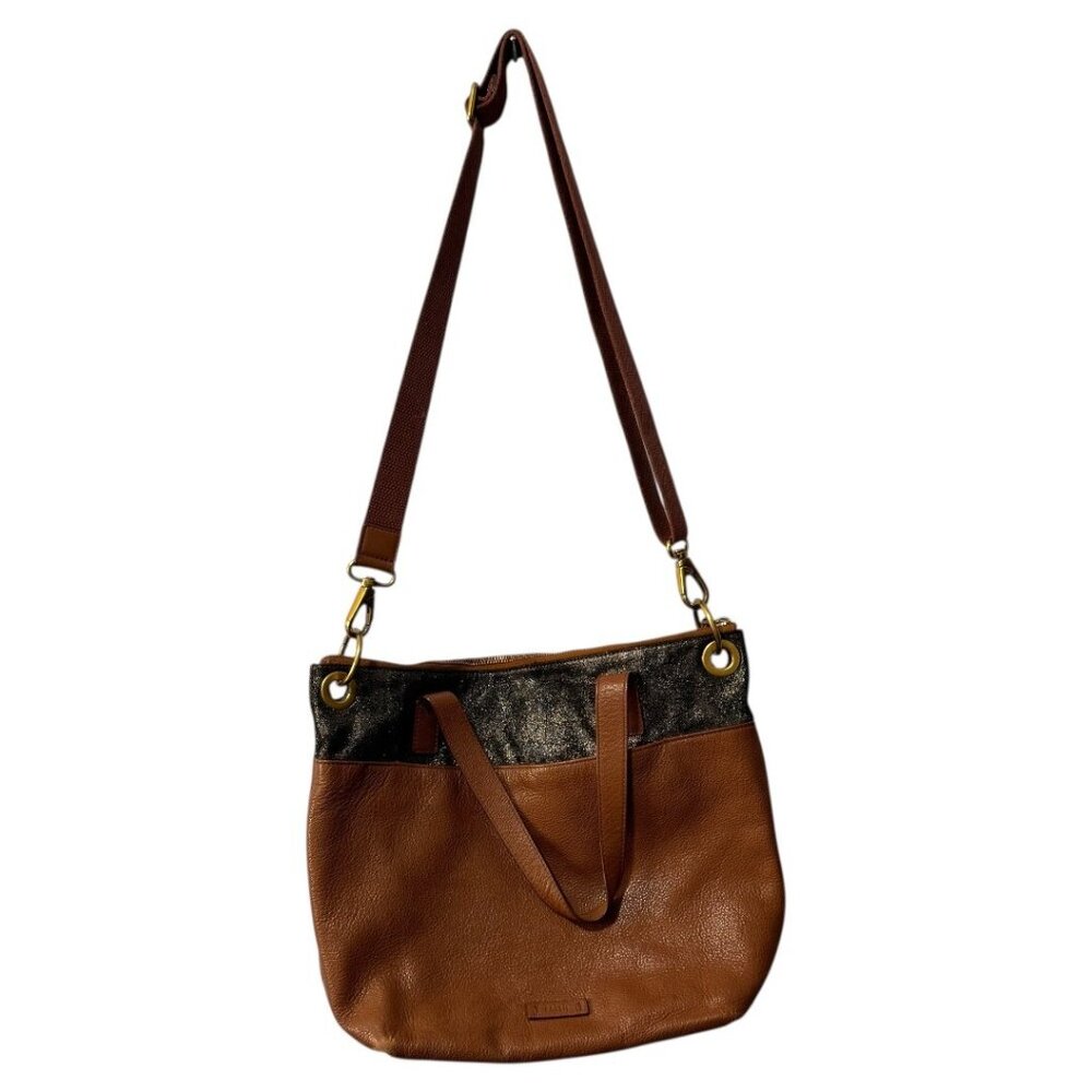 Fossil‎ Keely Tote Leather Large Handbag Cognac Brown Black Shoulder Bag Zipper